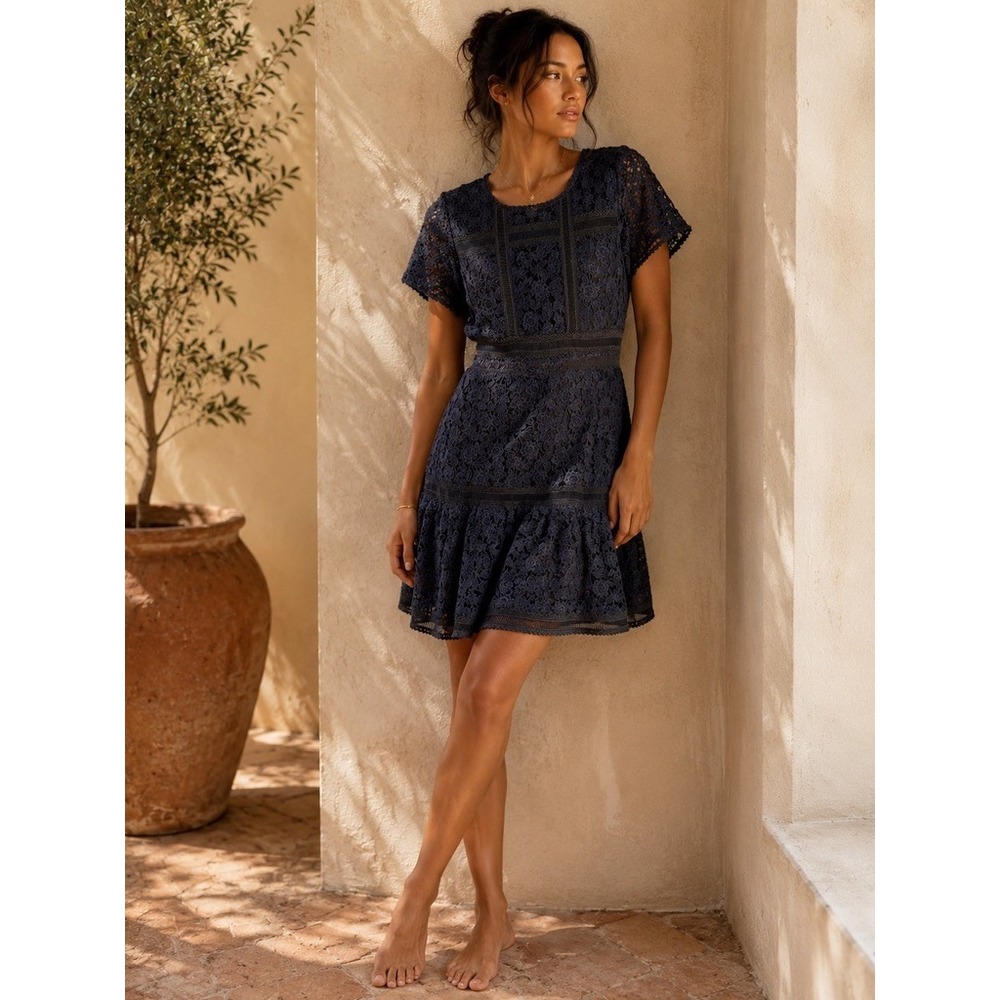 Ann Taylor Petite Navy Blue Floral Lace Fit & Flare Dress 6P Ladder Trim Mini